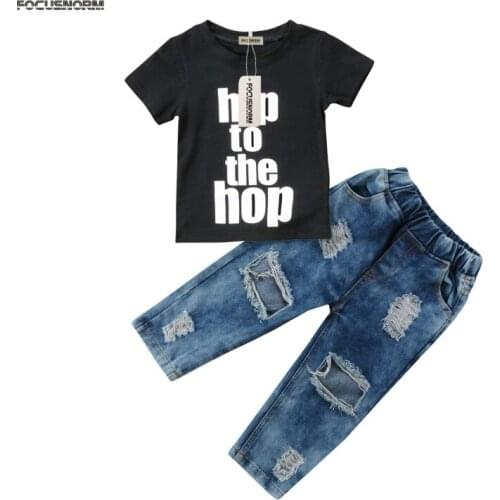 Newborn Toddler Kids Baby Boys Clothes Summer Cotton T-Shirt Tees Top +Long Hollow Denim Pants Jeans 2Pcs Clothing Outfits Sets