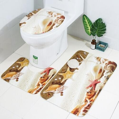 3PCS Toilet Floor Mat Set with Sandy beach&Seashell starfish Printing Non-Slip Flannel Bathroom Carpet Toilet Cover & floor Rugs