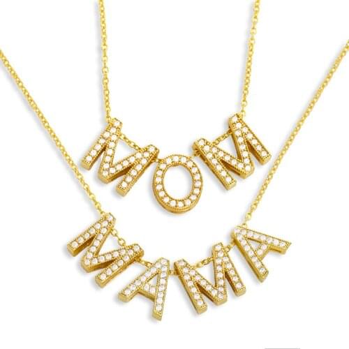 FLOLA Gold Plated MaMa MoM Pendant Necklace For Women CZ Letter Name Necklace Cubic Zirconia Jewelry Mothers Day Gifts nkeu57