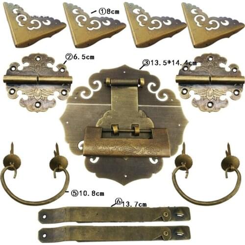 Chinese Vintage Brass Lock Set For 70~130cm Wooden Box,Vase Buckle Hasp Latch Lock+ Hinge+Corner+Handle,Bronze Tone