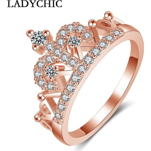 LADYCHIC Fashion Princess Queen Crown Party Wedding Engagement Rings with Austrian Cubic Zirconia Crystal Ring Gift LR1022