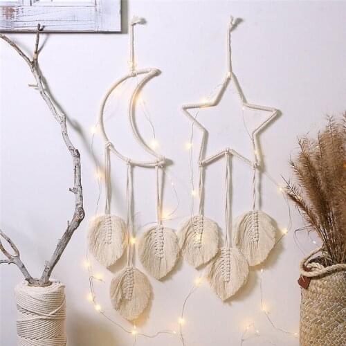 Macrame Star Moon Tapestry Dream Catcher Wall Hangings Hand-Woven Cotton Leaf Shape Tassel Tapestry for Home Decoration