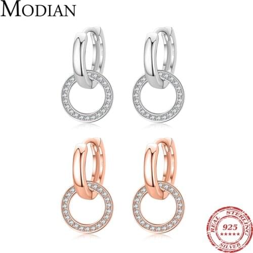 Modian Rose Gold Color Circle Drop Earrings Classic 925 Sterling Silver Round Clear CZ Dangle Earring For Women Wedding Jewelry