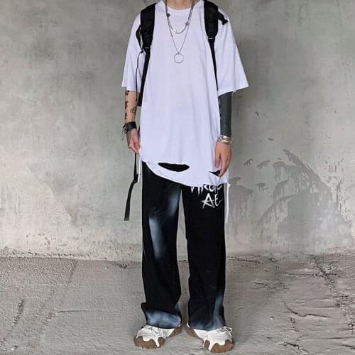 Dark high street knife cut hole solid color short-sleeved T-shirt mens trendy brand loose destruction style casual cotton b