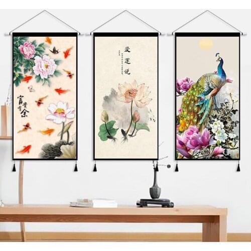 Chinese Style Lotus Wall Art Decor Hanging Painting Living Room Bedroom Home Office Decor Wall Paintings Canvas Posters Tapestry