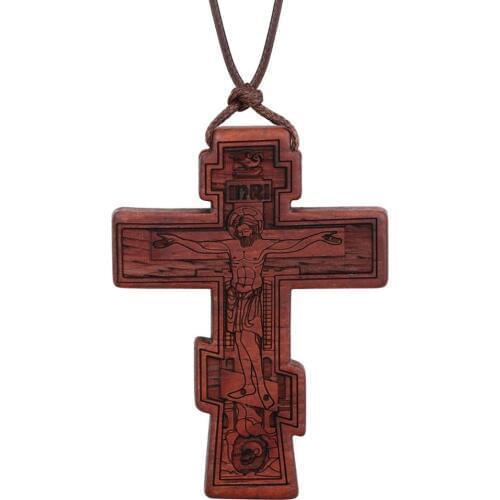 Adjustable Leather Rope Chains Necklaces Orthodox Natural Wooden Umbila Crucifix Cross Jesus Pendant Necklaces INRI Jewelry