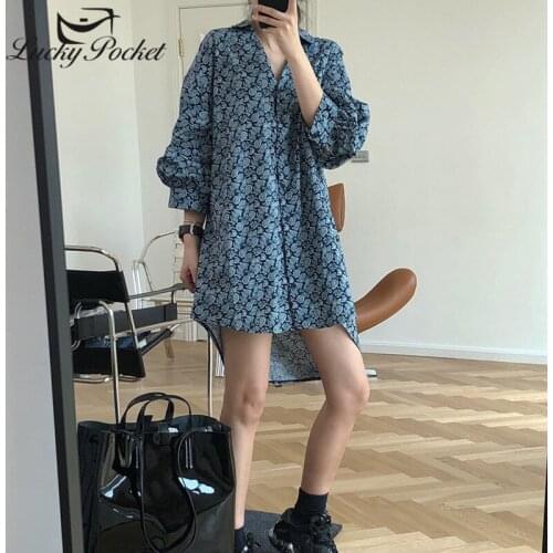 Women Summer New Loose Fashion Floral Print Cotton Mini Dress Female Bule V-Neck Lantern Sleeve Dresses Ladies Vestidos ML340