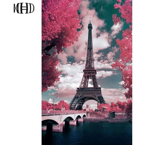 Full Round Diamond Embroidery Eiffel Tower Flowers DIY Diamond Cross Stitch Diamond Painting Wall Stickers Landscape Needlework