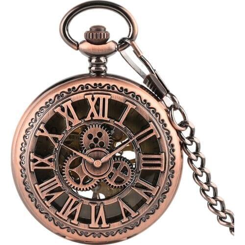 Hollow Case Steampunk Retro Mechanical Hand Winding Pocket Watches Arabic Number Copper for Men Women Fob Watches Pendant Chain