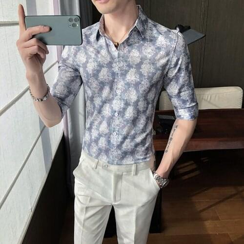 Luxury Brand Autumn Casual Men Business Printed Social Slim Half-sleeve Lace Shirts Mens Wedding Party Shirts Male Dress Shirt