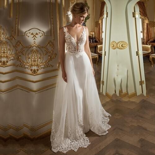 Eightale Boho Wedding Dresses Spaghetti Strap A-Line Appliques Beaded Beach Wedding Gowns Backless Simple Lace Bride Dresses