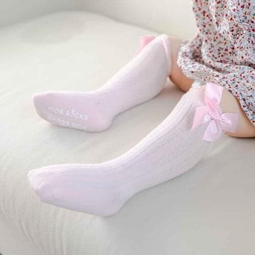 2021 Spring Bowknot Girls Stockings 0-4T Pure Color Knee High Princess Socks Toddler Kids Non-slip Cotton Long Stockings Legging