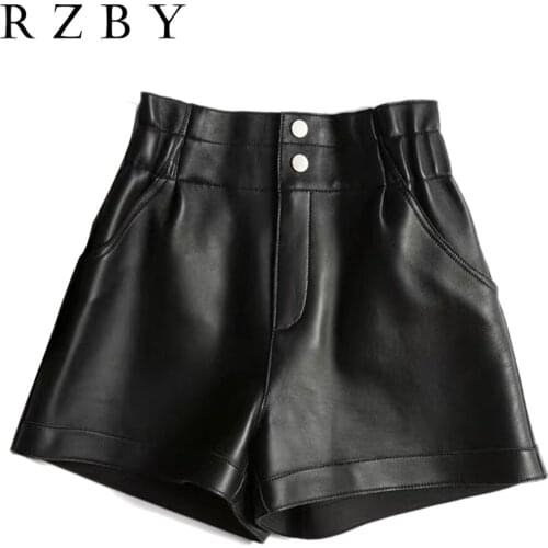 High Black/Hhaki/Brown Waist Casual Sheepskin Pantalones Cortos De Mujer Sexy Winter Women Genuine Leather Shorts RZBY239