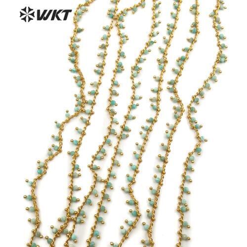 WT-RBC086 WKT Wholesale bulk rosary stone chain greenish-blue colour round bead with gold metal wire wrapped bead in 3mm