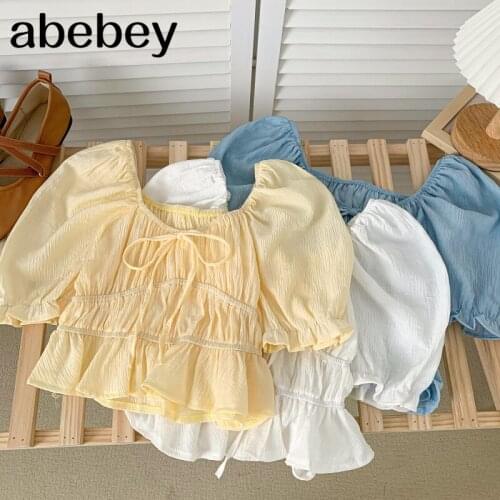 2021 New Summer Temperament All-match square collar puff sleeve Shirt ruched slim lace up bow Ruffles Shirt Top