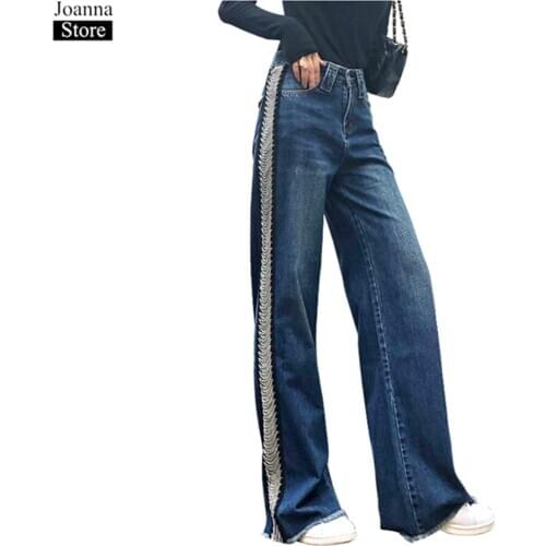 Spring Stitching New Denim Pants Women High Waist Beaded Vintage Wide-Leg Jeans Autumn Plus Size Loose Raw Edge Trousers Female