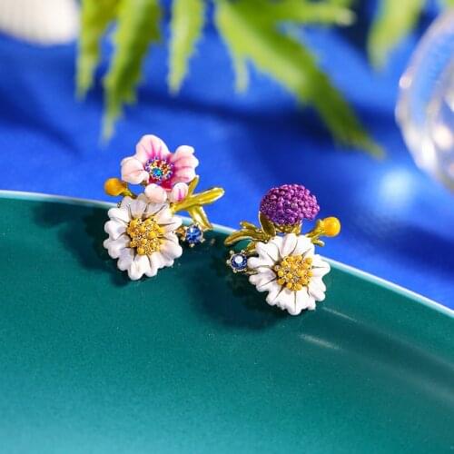New Trendy Enamel Flowers Stud Earring For Women Girls Copper Alloy Exquisite Ear Student Accessories Jewelry