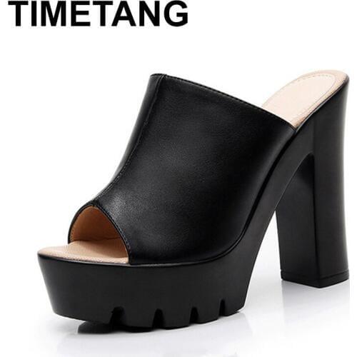 TIMETANGBig Size 35-42 Block Open Toe Heels Platform Shoes Woman Summer2019Split Leather Blades High Heels Ladies White Slipper