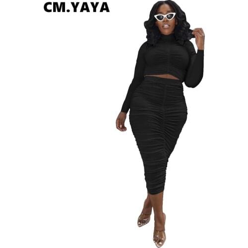 CM.YAYA Women Set Solid Full Sleeve Half High Collor Crop Tps Stacked Midi Skirts Two 2 Piece Sets Fashion Casual Outfits Summer