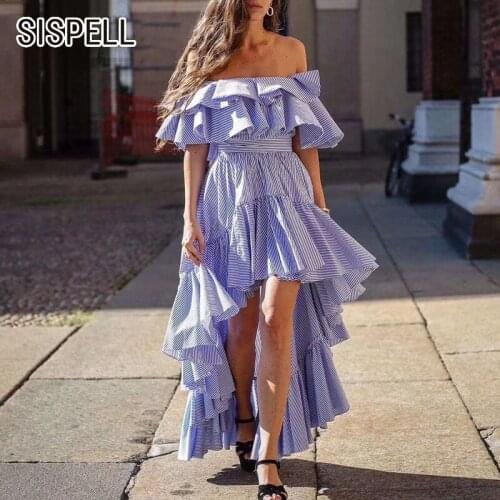SISPELL Patchwork Ruffle Striped Dresses For Girls Off Shoulder High Waist Belt Bowknot Slimming Asymmetric Womens Sexy Dress