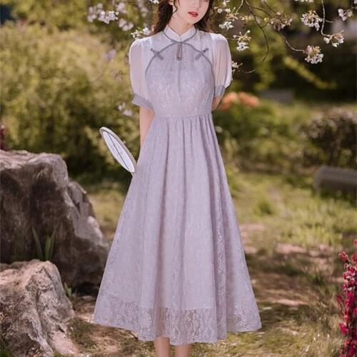 Purple Gentle Fairy Dress Ladies Young Elegant Cheongsam Summer Mesh Puff Sleeve Sweet Elegant Lace Dress Female