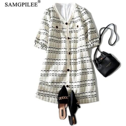 Birthday Outfits For Women 2021 Office Lady Dress Plus Size A-line Plaid Three Quarter Sleeve Button Elegant Dresses Womens 3XL