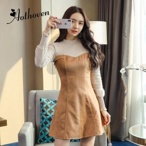 Lace Patchwork Suede A-Line Dress 2018 Autumn Women Long Sleeve bandage O-neck Dress Elegant Vintage Party Club Dresses Vestidos