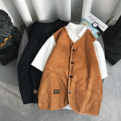 Spring Vest Mens Fashion Retro Solid Color Casual V-neck Vest Jackets Mens Streetwear Wild Loose Gilet Men Large Size M-5XL