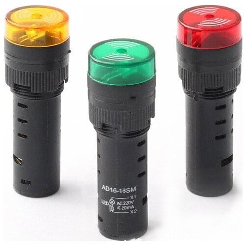 Buzzer 16mm Flash LED Alarm Indicator Light Signal Lamp Flashmetal Buzzer DC12V DC24V AC 220V Intermittent Sound AD16-16SM