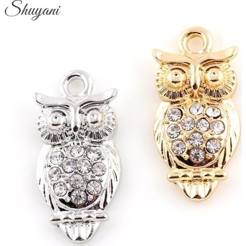 12*25mm Lovely Alloy Metal Silver Gold Color Crystal Owl Animal Pendant Floating Charms Pendant Making