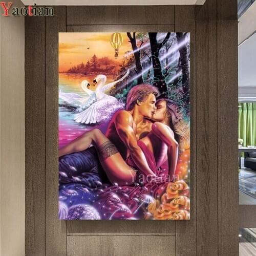 5d Diy Diamond Painting Swan Lake romantic couple kiss Full Square Round Drill Diamond Embroidery Mosaic Decor,Direct Selling