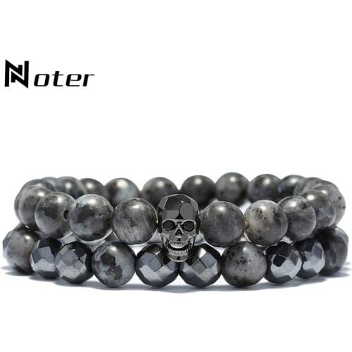 Hiphop Rock Skull Bracelets Male 8mm Geometric Natural Hematite Stone Brazalete For Hombre Stretch Braslet Present for Men Gift