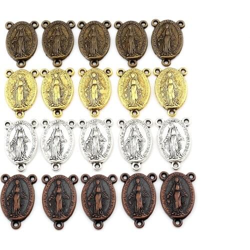 PandaHall Elite About 100 Pcs Tibetan Style Rosary Miraculous Medal Oval Center Parts Chandelier Virgin Links 4 Colors Jewelry