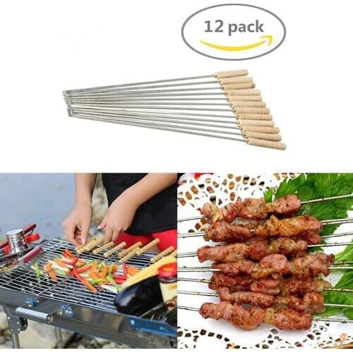 Wooden Handle BBQ tools Stainless Steel Stick Needle Skewers Grill Outdoor Barbecue Kebab Needles Gadgets Kitchen Accessories
