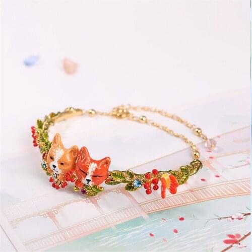 European and American new fashion personality hand-painted enamel glaze Chihuahua puppy bracelet female forest leaf bracelet
