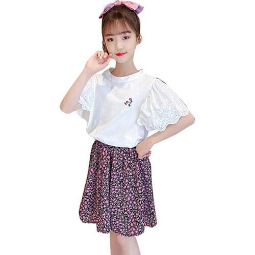 Kids Clothes Tshirt + Floral Skirt Clothes For Girls Summer Girl Clothing Casual Style Childrens Clothes 6 8 10 12 14