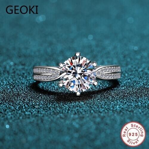 Geoki Passed Diamond Test 0.5-2 CT Perfect Cut Moissanite 6 Prongs Ring 925 Sterling Silver Round Diamond Rings Wedding Jewelry