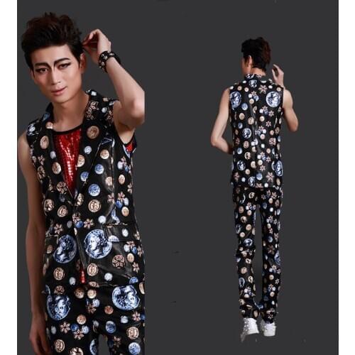 Personality Slim Blazer suits leather clothing set Male Show Stage Clothes Male Singer Slim Performance Party Prom Costume