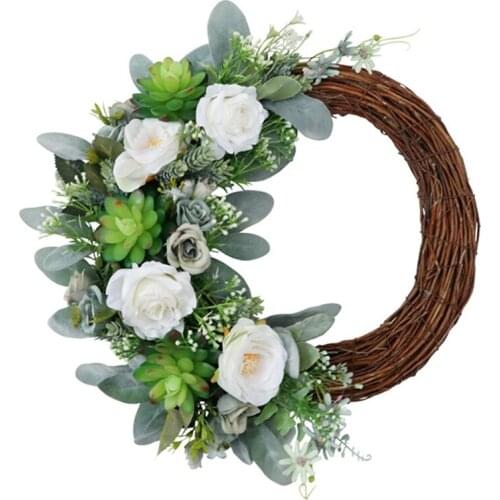 Artificial Succulent Wreath Rose Flower Spring Wreath for Front Door Wall Window Wedding Party Farmhouse Home Decor