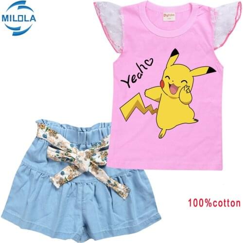 Pokemon Toddler Girls Clothing Sets Baby Pikachu Cartoon short sleeve T-shirt And Dress Suit Kids Fashion Sports Clothes Set