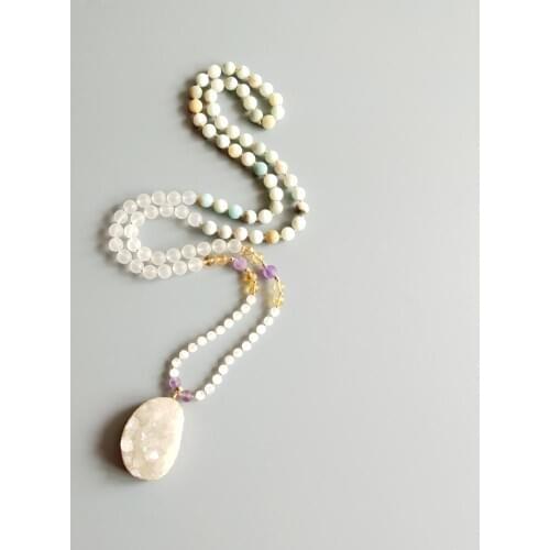 Lii Ji Real Amazonite Clear Quartz Citrine Moonstone Amethyst Bohemia Long Necklace Druzy Quart Pendant Necklace Necklace