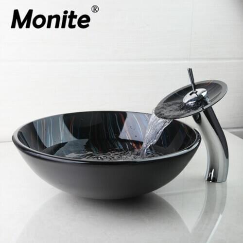 Monite Bathroom Sink Set Hand Painting Tempered Glass Basin Bowl Sinks Vessel Basins With Brass Faucet Taps Drain