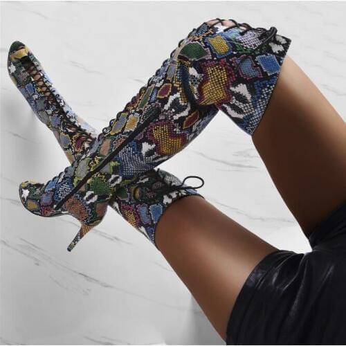 Sexy Colorful Python Leather Women Over The Knee Boots High Heeled Peep Toe Lace-up Tight High Sandal Boots Shoes Runway Boots