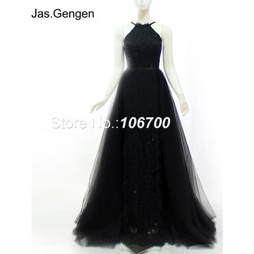 Real Photos Two Pieces Long Evening Dress High Neck Embroidery Lace Beaded Open Back Detachable Over Skirt Black Prom Gowns