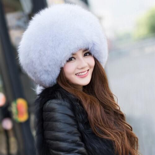 Russian winter hat 100% genuine luxury fox fur hat woman fashion women winter warm earmuffs big round full leather