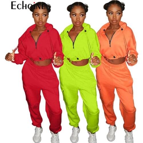 Echoine Women Solid Color Hoodie 2 Two Piece Set Tracksuit Zip-up Long Sleeve Crop Top Sweatpant Activewear Matching Outfits