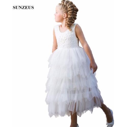 A-line Lace Top Flower Girl Dress Tea Length Tiered Tulle Children Party Gowns Communion Dresses FLG008