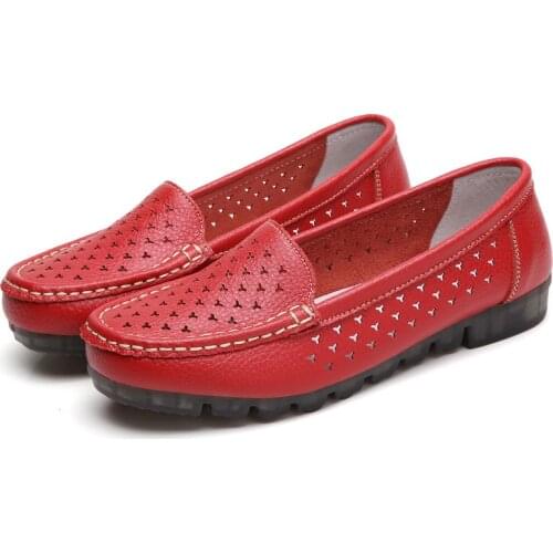New High-quality Genuine Leather Shoes Ladies Flat Shoes Moccasins Womens Loafers Spring Summer Hollow Shoes Mother Shoes 35-43