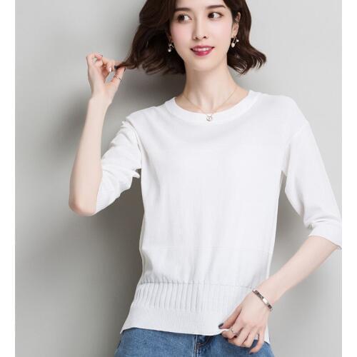 Ice Silk Knitted Pullovers Women Short Sleeve Spring Summer Bottom Sweater Ladies Loose Thin Solid Color Round Collar Tops H9342