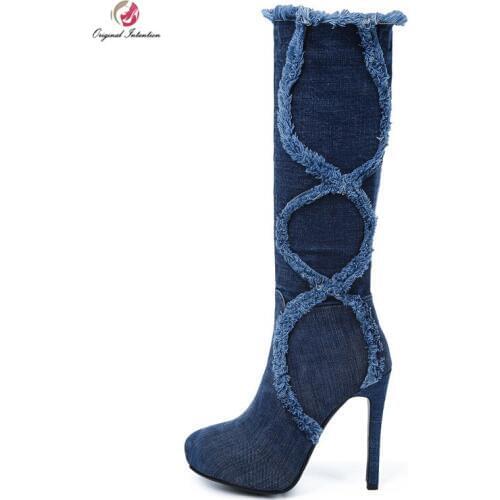 Original Intention Stylish Women Knee High Denim Boots Round Toe Thin Heels Boots Fashion Denim Fringe Shoes Woman Size 3-10.5